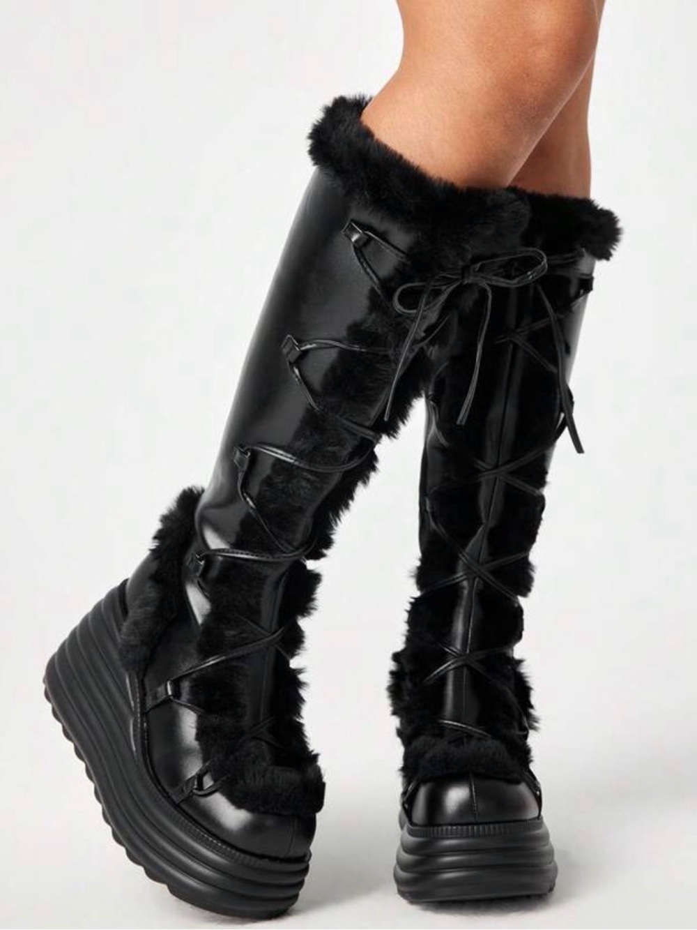 Black Faux Fur Lace-Up Platform Knee Boots size 6.5